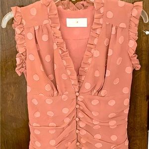 Hello Wang plush pink silk blend ruffles Barbiecore swiss dots blouse, size 2
